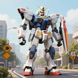 a giant mecha robot made out of road signs walking down a street, photorealistic, highly detailed, hyper realistic, cinimatic, 8 k,