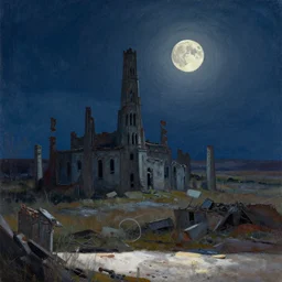 abandoned civilisation at night, moonlight lighting on one full moon, landscape painted by simon stalenhag