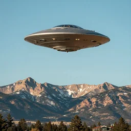 a photo of a ufo in the skies above longmont colorado. rocky mountains in the background.