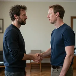 pavel durov and mark zuckerberg are standing in the room opposite each other, shaking hands, confrontation, realism, 8 k detail, soft light, depth of field, focus