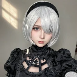 Hideo Kojima cosplaying as 2B from Nier, photograph, selfie
