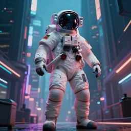 professional photo of astronaut on cyberpunk street from low angle shot, synthwave, blade runner, hyperrealistic masterpiece, trending on artstation, cgsociety, kodakchrome, golden ratio, cinematic, composition, beautiful lighting, hyper detailed, sharp focus, octane render, 4 k, unreal engine