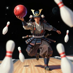 Hovering samurai holding a bowling ball in space, bowling pins hovering around him, digital art