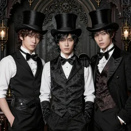 yana toboso, ruan jia, conrad roset, art collaboration, suit vest and top hat and gloves, detailed and intricate gothic victorian environment,