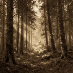 forest landscape, by simon stahleberg, illustration, sepia, volumetric light, global illumination, lumen global illumination