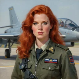 epic professional digital portrait art of redhead woman airforce pilot, 4 0 mm lens, painting, facing front, by neal adams and adam hughes, artstation, cgsociety, wlop, pixiv, epic, much wow, much detail, gorgeous, detailed, cinematic, masterpiece