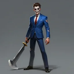 concept art of a dead by daylight killer lawyer wearing a ripped blue business suit with a giant weapon, character portrait