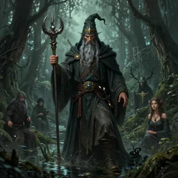 mystical wizard in haunted swamp, highly detailed, d & d, fantasy, highly detailed, digital painting, trending on artstation, concept art, sharp focus, illustration, global illumination, ray tracing, realistic shaded, art by artgerm and greg rutkowski and fuji choko and viktoria gavrilenko and hoang lap