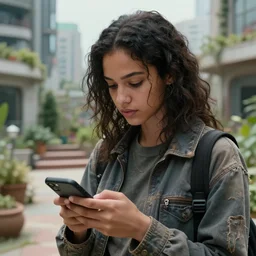 candid photographic portrait of a poor techwear mixed young woman using a phone inside a dystopian city, closeup, beautiful garden terraces in the background, sigma 85mm f/1.4, 4k, depth of field, high resolution, 4k, 8k, hd, full color