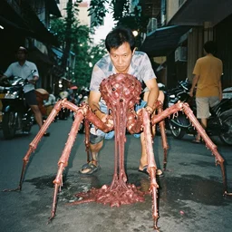 1 9 9 3, disposable camera, flash, pov, saigon street male : creature, many legs, standing, meat, ooze, slime, veins, wet