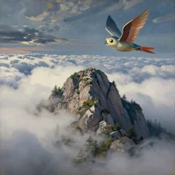 shy mountain summit taking a peek through the clouds, fog, with curious eyes. joy of life happy flying creature. painting by yves tanguy, jean delville, rene magritte, max ernst, monet