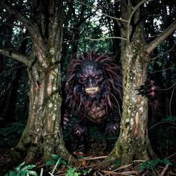 wide angle flash photo of a creepy anthropomorphic creature hiding behind trees in a magic forest by Daniel Merriam