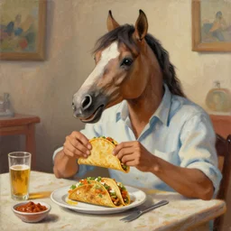 a painting of a man with horse head sitting at a table eating tacos, artstation