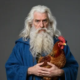 a portrait of a wizard holding his pet chicken by Tony Sart, confused facial expression, blue robe, long white beard, frizzy hair, ArtStation, realistic, detailed
