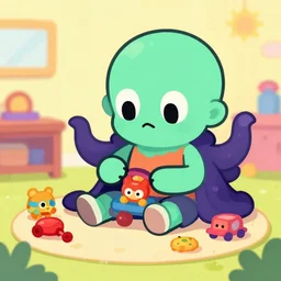 a cute vector illustration of cthulhu as a kindergarten kid playing with toys at the creche in the style of gravity falls, concept art, cartoon style, gaudy colors, octane render