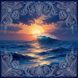 insanely psychedelic stormy 🌊 ocean, ripples, backlit, sunset, refracted lighting, outdoors, paisley pattern, elegant, 8 k resolution, intricate and fine details, digital painting, artstation, illustration, psychedelic ocean art, krenz cushart, alphonse mucha