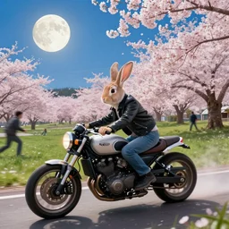 bunny wearing a leather jacket riding a motorbike during sakura season on a blood moon, by peter mohrbacher, james jean, wlop, greg rutkowski, rule of thirds, dynamic pose, action pose, beautiful landscape