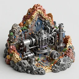 3D full color xray of the complex magical machine embedded within the mountain, colourful sedimentary and igneous rock and marble, rock textures industrial machinery, pistons, pipes and valves, wires, circuitry. 8k 3D geology