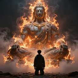 a person kneeling before a gigantic god - like figure wrapped in smoke and flames. feature on artstation. digital art.