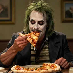 dwayne johnson as beetlejuice eating pizza