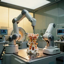 a complex bifurcated robotic cnc surgical arm cybernetic symbiosis hybrid mri 3 d printer machine making organic ceramic fractal forms by beeple in the glass room laboratory with control panels, golden hour lighting, film still from the movie directed by denis villeneuve with art direction by wayne barlowe and salvador dali, wide lens, f 3 2,