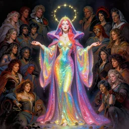 Magic sorceress with rainbow sparkling robe, Boris Vallejo, Julie Bell, Zdzisław Beksiński, Ed Binkley, Mark Brooks Frank Frazetta, Greg Hildebrandt, Tim Hildebrandt, Alex Horley, Ralph Horsley, Peter Andrew Jones, Eddie Mendoza, Earl Norem, Greg Rutkowski, Michael Whelan, Artgerm