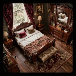 top down view interior, house bedroom, 1 9 2 0 furniture, rich, mansions of madness, arham horror, by yoann boissonnet, artstation, high detail, 4 k, high definition, sharp, black edges