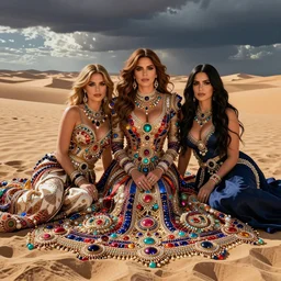 sofia vergara, salma hayek and peta jensen in a jeweled desert, vibrant highlights sharp no contrast trending pixiv fanbox by alex ross by victo ngai james gurney makoto shinkai takashi takeuchi studio ghibli
