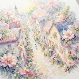 flower town. watercolor and metallic paints by award - winning visual novelist, pastel palette, romanticism, intricate details, depth of field, backlighting