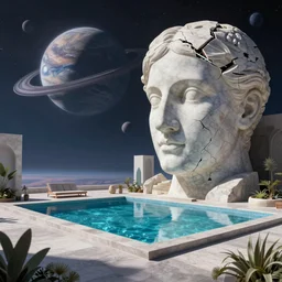 David Ligare masterpiece, scifi nightscape, planets, hyperrealistic surrealism, award winning masterpiece with incredible details, epic stunning, infinity pool, a surreal vaporwave liminal space, highly detailed, trending on ArtStation, broken giant marble head statue ruins, calming, meditative, geometric liminal space