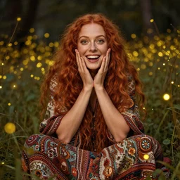 a totally amazed smiling pretty woman surrounded by golden firefly lights in a mesmerizing scene, sitting amidst nature fully covered! intricate detailed bohemian outfit, long loose red hair, precise linework, accurate green eyes, small nose with freckles, beautiful smooth oval head, expressive emotions, hyper realistic ultrafine portrait by artemisia gentileschi, jessica rossier, greg rutkowski