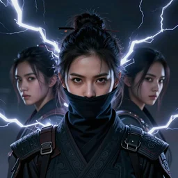 character concept, portrait, symmetrical head - on centralized, young woman with dark ninja clothes. detailed, high quality, dynamic lightning, fantasy, scenematic. artwork by artgerm, wlop, alex ross, greg rutknowski, alphonse mucha