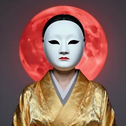 portrait of a woman with a mask on his face in the form of a spiral in a golden kimono, full face, against the background of a bright red moon, sad motif, by ilya kuvshinov, dramatic, soft colors, futuristic, 8 k
