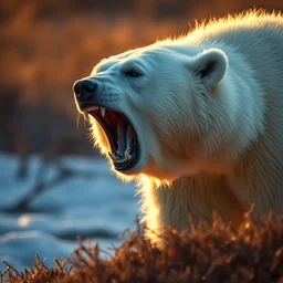 nature photography of a roaring polar bear, golden hour, 3 5 mm