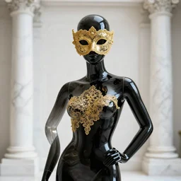 a beautifully sculpted mannequin made of black glass with gold lace masquerade face mask, ornamented, opulent, elaborate, confident, marble columns in background, innovative avant - garde art, photorealistic portrait, crisp quality and light reflections, clean linework, finely detailed, 4 k, trending on artstation, volumetric lighting, octane render