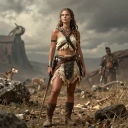 hyper realistic photo of prehistoric hunter girl full body, cinematic, artstation, cgsociety, greg rutkowski, james gurney, mignola, craig mullins, jean baptiste monge, brom