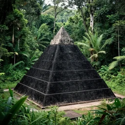 old photo of black pyramid in a green jungle