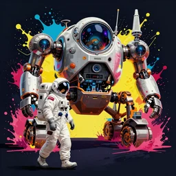 astronaut walking next to a giant robot rover by josan gonzalez splash art graphic design color splash high contrasting art, fantasy, highly detailed, art by greg rutkowski