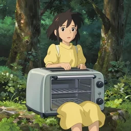 concept art painting of an anthropomorphic toaster oven wearing yellow dress, in the deep forest, realistic, detailed, cel shaded, in the style of makoto shinkai and greg rutkowski and james gurney