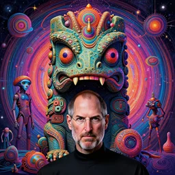 surreal portrait of steve jobs as a psychedelic neural tiki reptile stone god by naoto hattori, android jones, and chris dyer, deep bold colors, galactic dmt entity, depth of field, intricate beautiful painting, billions of details, octane render, portal, 8 k, detailed vector, trending on artstation, cgisociety