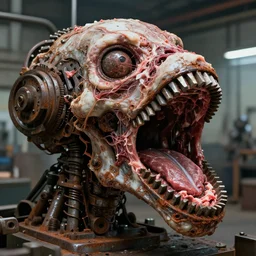 a close up of an elongated machine made of teeth and raw meat and rusted metal, in a factory, concept art by giger, cgsociety, assemblage, trypophobia, greeble, grotesque, biomechanical open chewing mouth