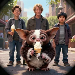 Gremlins movie, gremlins are high and eating ice cream, Greg Rutkowski, Darek Zabrocki, Karlkka, Jayison Devadas, Phuoc Quan, trending on Artstation, 8K, ultra wide angle, pincushion lens effect.