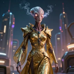 closeup of an alien with beautiful glowing eyes emitting smoky energy, beautiful strange face and skin, wearing a long flowing cloth shirt over stylish large futuristic golden armor suit walking to an outpost with tall buildings and lights in the background, night sky with stars, beautiful colorful, incredible detail, anamorphic 1 1 mm lens cinematic flare