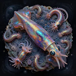 the person, hatchlings, anodized iridescent subconscious, onscientia, phantastica, colorfull, aliena, nudibranch, squidworm in symbiosi crusta, uspaceship nocturno pellucens, cerebri, mollis, exesa, artificia, vortices microform, fluida singula, by fenghua zhong s