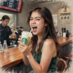 chalk drawing of a Asian girl drinking Starbucks yelling at barista