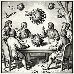 corona virus meeting a fly in a fantastic battle, in the style of durer woodcut