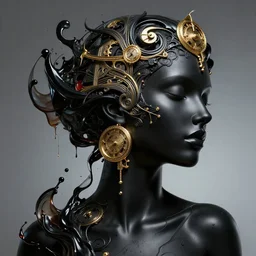 epic concept art. abstract female face silhouette mixing with black and color liquid fluid. abstract sculpture. art deco swirls. golden jewelry, piercings, clockworks. cinematic light. black latex. masterpiece by michelangelo. concept art, matte painting. greg rutkowski, wlop, victo ngai