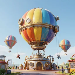 large colorful futuristic space age metallic steampunk steam - powered balloons with pipework and electrical wiring around the outside, and people on rope swings underneath, flying high over the beautiful medieval florence city landscape, professional photography, 8 0 mm telephoto lens, realistic, detailed, photorealistic, photojournalism