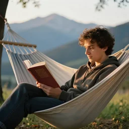 my italian wise friend on a hammock, reading the book about love, face iluminated by new knowledge, mountains in a background