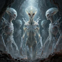 hellish translucent alien creatures with human faces on an alien world, artstyle zdzisaw beksinski, very intricate details, high resolution, 4 k